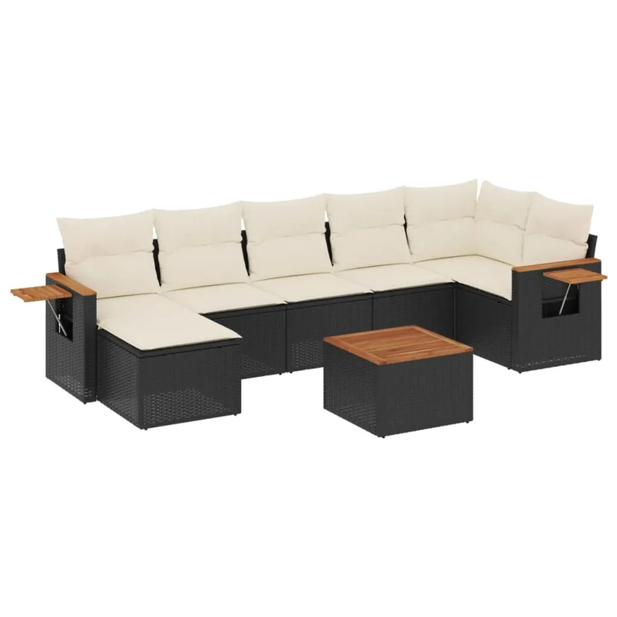 vidaXL 8-teilige Garten-Sofagarnitur in L-Form aus Polyrattan und Akazienholz mit Kissen in Schwarz-Creme - Bild 2