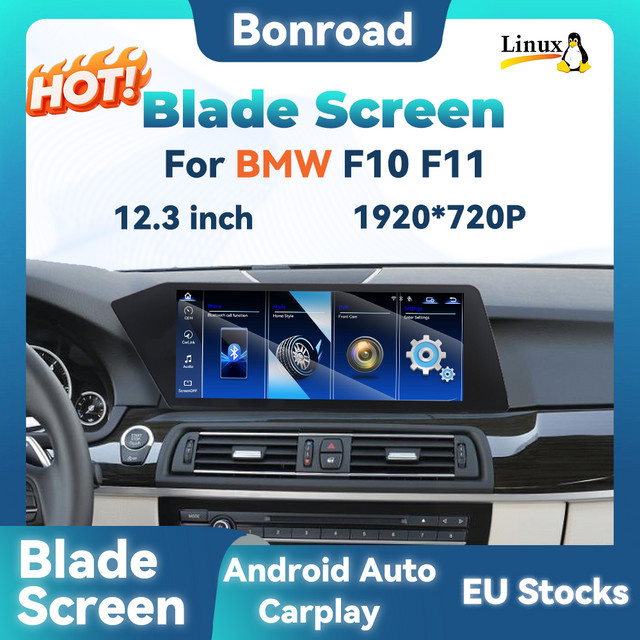 BONROAD Wireless CarPlay und Android Auto Autoradio mit 12,3 Zoll Blade Volllaminierter Bildschirm und GPS für BMW 5er F10 F11 NBT CIC System in Schwarz - Bild 1