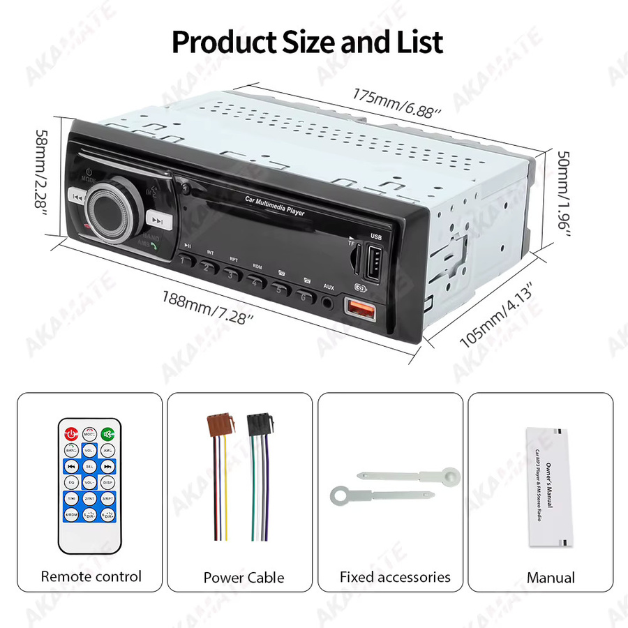 AKAMATE 1DIN Autoradio mit Bluetooth, MP3-Player, FM, AUX, USB und TF-Karte in Schwarz - Bild 6