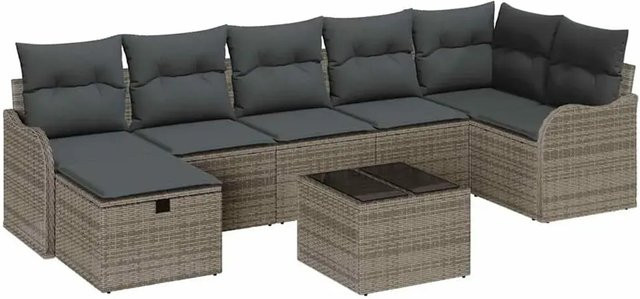 vidaXL Garten-Sofa-Set aus Poly-Rattan in Grau, 8-teiliges Lounge-Set mit Kissen, Ottoman, Couchtisch und integriertem Stauraum - Bild 1