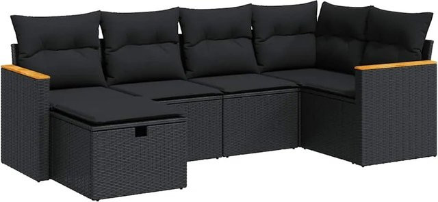 vidaXL 6-teilige Garten-Sofagarnitur aus Poly-Rattan und Akazienholz in Schwarz mit Kissen - Bild 1