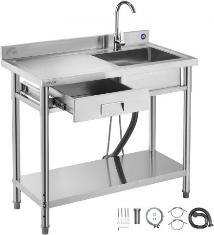 VEVOR Edelstahl Spülbecken freistehend mit Einbecken, inklusive Armatur und Warm-Kaltwasserleitung, Farbe Silber, B/T/H: 100 x 50 x 94 cm - Bild 1