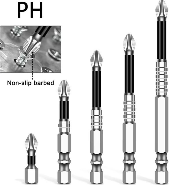 JGZUI Phillips-Schraubendreher-Bits aus S2-Stahl, schwarz, rutschfest und stark magnetisch für elektrische Bohrschrauber - Bild 1