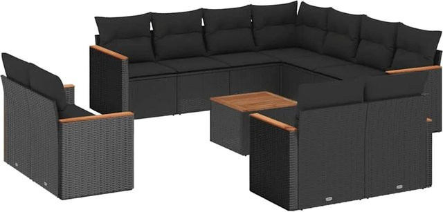vidaXL 12-tlg. Garten-Sofagarnitur in L-Form aus Polyrattan und Akazienholz mit Kissen, Schwarz - Bild 1