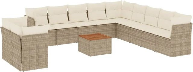 vidaXL 12-tlg. Garten-Sofagarnitur in L-Form aus Poly-Rattan mit Kissen und Couchtisch, Beige - Bild 1