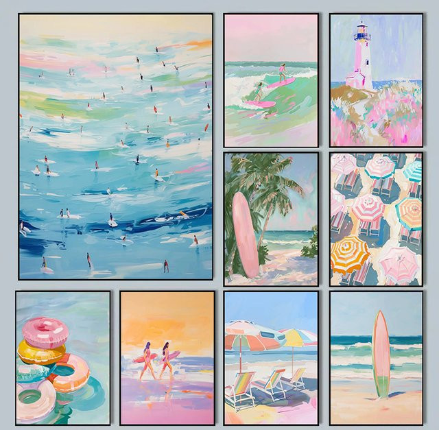 MINISO Wandkunst Poster Rosa Aquarell Ozean Wellen und Meereslandschaft auf Leinwand - Bild 1