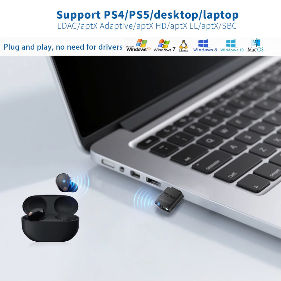 Eppfun Typ-C Bluetooth 5.4 Sender in Schwarz für Mobilgeräte und Gaming-Player mit LDAC, AptX Adaptive und Low Latency zur Verbindung mit kabellosen Kopfhörern - Bild 4