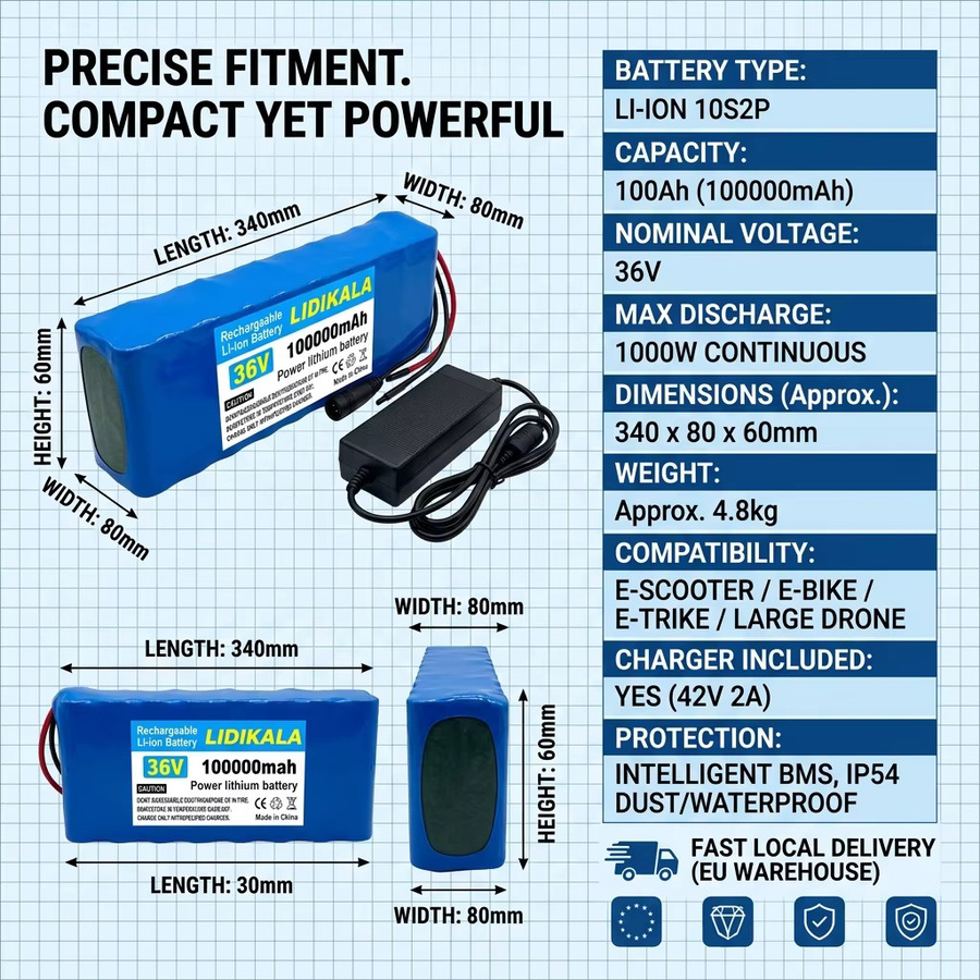 36V 100Ah 100000mAh 10S2P Lithium-Ionen-Akkupack in Blau mit Smart BMS für E-Scooter, E-Bike und Elektrorollstuhl - Bild 7