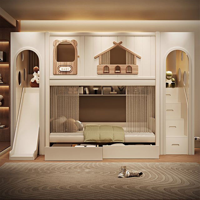 DUTRIEUX Kinder Hochbett mit Treppe und Rutsche im modernen Design, weiß lackiertes Holz, B/T/H: 150 x 190 x 150 cm - Bild 1