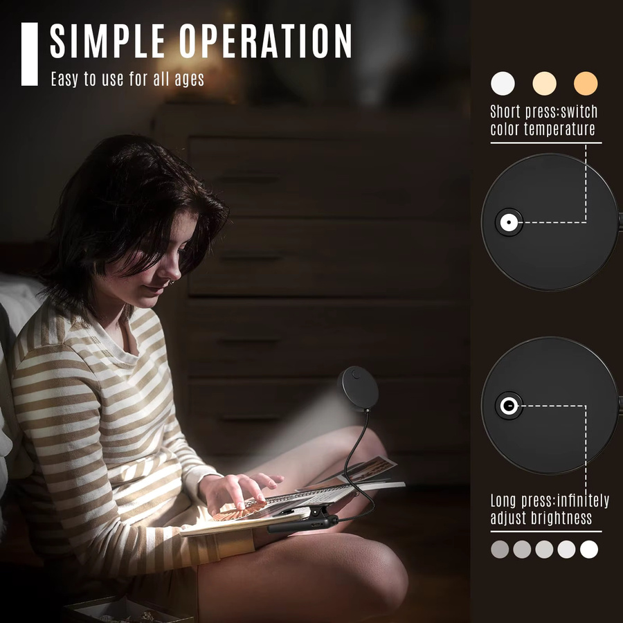LQWELL LED Nachttisch-Leselampe in Schwarz, wiederaufladbare USB-Tischlampe mit 3 Farbtemperaturen, 10 Helligkeitsstufen und stufenloser Dimmfunktion, flexibles 360 Grad Buchlicht für Kinder und Erwachsene - Bild 5