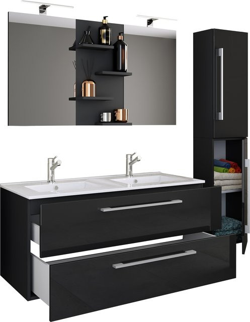 VCM Badmöbel Set Budasi SP 4-tlg. Doppel Waschplatz mit 2x Keramik Waschtisch, Unterschrank, Hochschrank und Spiegel - Bild 1