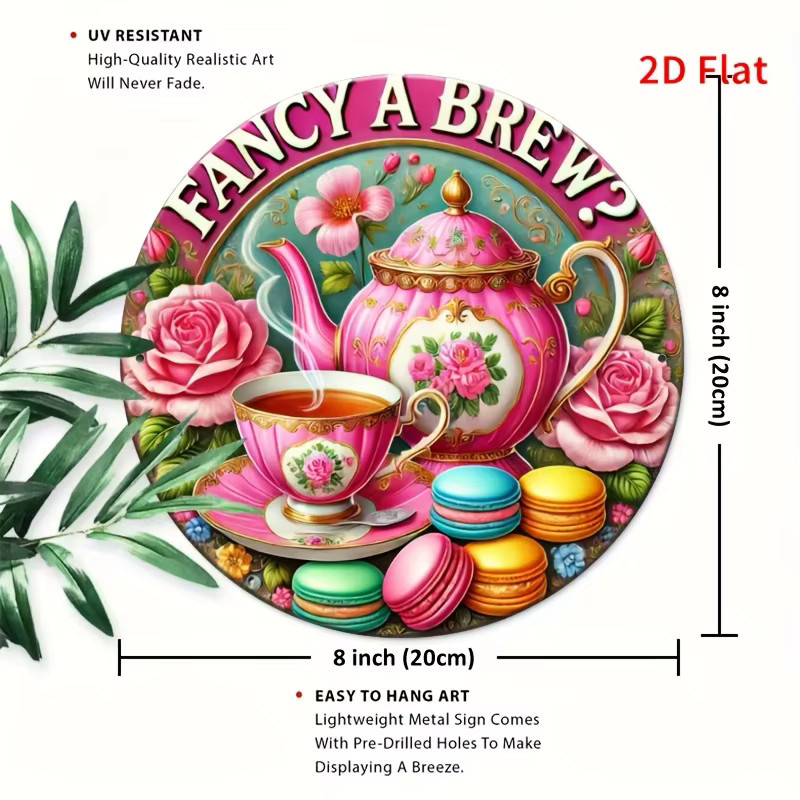 Potdemiel Metallwandkunst Vintage Pink Rose Tea Party Rundes Eisenschild mit Fancy a Brew Design, Durchmesser: 20 cm - Bild 4