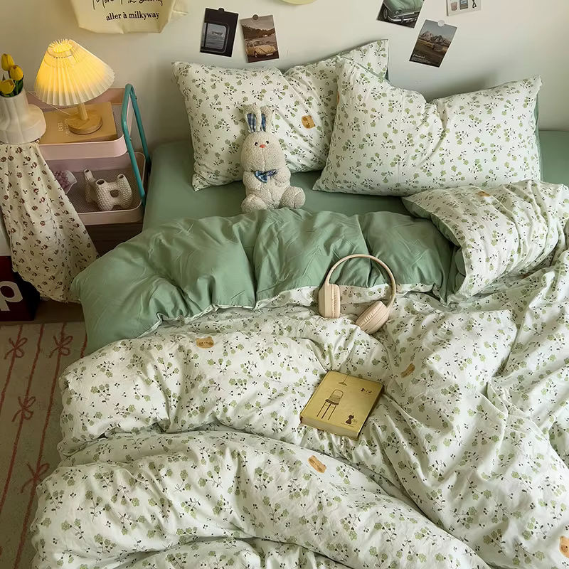 Dreamreal Bettwäsche Set Koreanische Retro Blumen aus 100% gewaschener Baumwolle in Grün - Bild 4