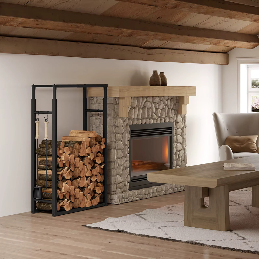 EUGAD Holzregalhalterungen für Innen- und Außenkamine aus Metall in Schwarz, verstellbares Brennholzregal mit 4 Haken, B/T/H: 150 x 65 x 25 cm - Bild 5
