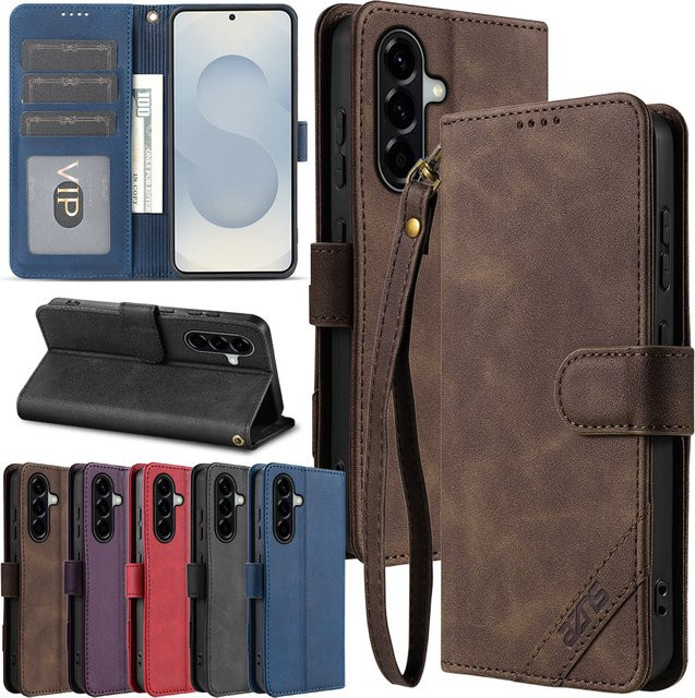 Flip-Lederhülle für Samsung Galaxy A05s A15 A35 A55 A06 A16 A26 A36 A56 A07 A17 A37 A57 4G 5G mit Kartenfächern und Handschlaufe in Braun - Bild 1