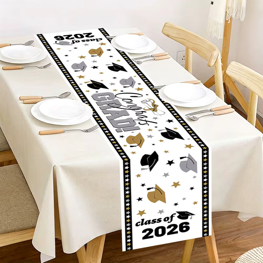 AFYPRTY Tischläufer mit Abschlussfeier-Motiv aus Polyester, Schwarz-Gold-Silber mit Sternenmuster, Breite: 35 cm, Länge: 180 cm - Bild 5