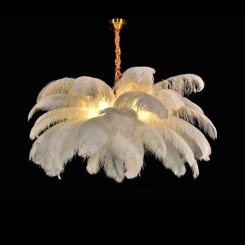 YANKE LED Deckenlampe Nordic Straußenfeder Kronleuchter in Weiß mit Gold/Messing-Details für Wohnzimmer und Schlafzimmer - Bild 3
