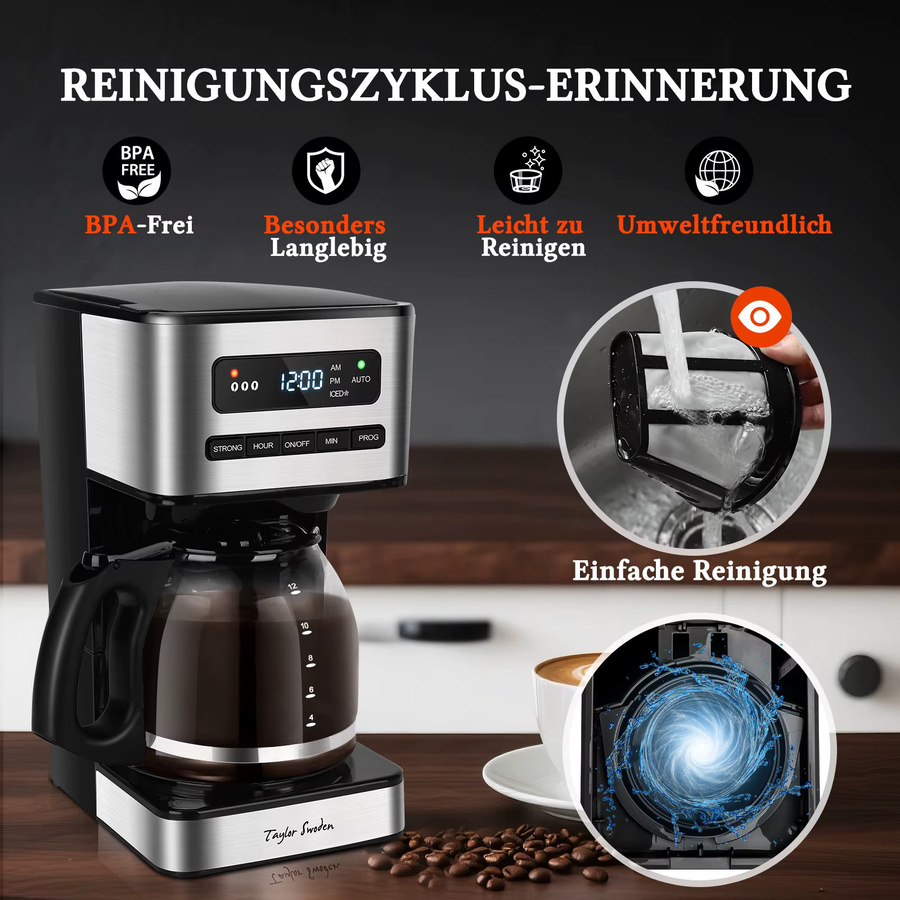 Taylor Swoden Filterkaffeemaschine mit Glaskanne, Schwarz, 1,8 l, mit 24H Timer, Eiskaffee-Modus und 3-stufiger Stärkeauswahl - Bild 5