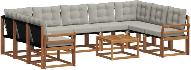 vidaXL Outdoor-Sofagarnitur in U-Form aus Massivholz Akazie und Textilene mit Kissen, Beige und Grau - Bild 1