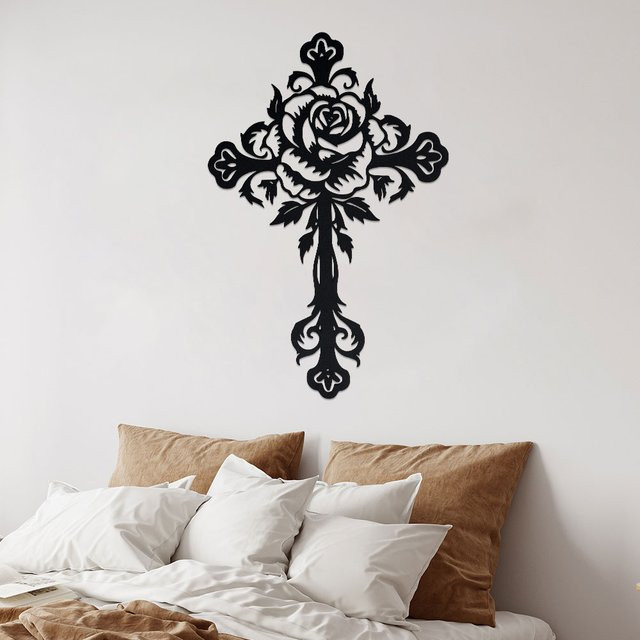 DDPNKL Christliches Metallkreuz mit floralem Design in Schwarz als Wanddekoration - Bild 1