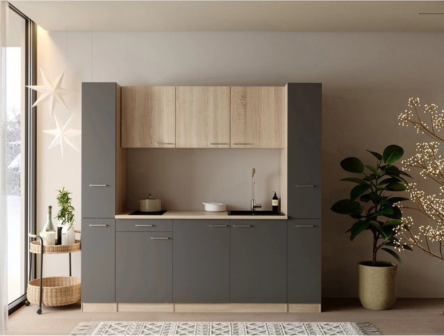 Respekta Ingrid Singleküche modern in Grau mit zwei Apothekerschränken, Breite: 210 cm, Tiefe: 60 cm, Höhe: 200 cm - Bild 1