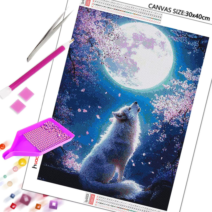 Huacan Diamantmalerei Wolf am Mond mit Blumenmotiv als Diamant-Mosaik Set in Multicolor, Breite: 30,0 cm, Höhe: 20,0 cm - Bild 2