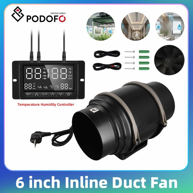 Podofo Inline-Rohrventilator mit Temperatur- und Feuchtigkeitsregler in Schwarz, 15,24 cm Abluftventilator für Badezimmer und Küche - Bild 1