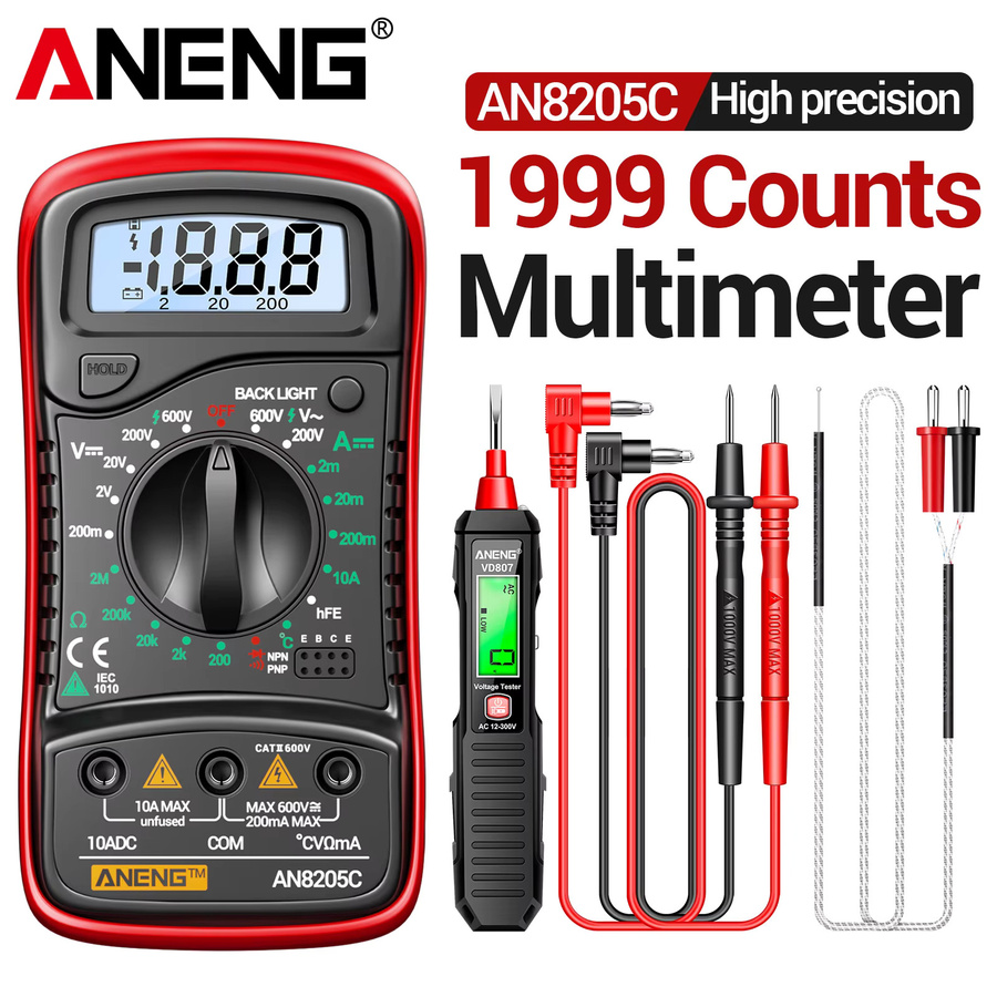 ANENG Multimeter Spannungstester AN8205C+VD807 mit AC-Spannungsdetektor und Amperemeter in Schwarz und Rot - Bild 5