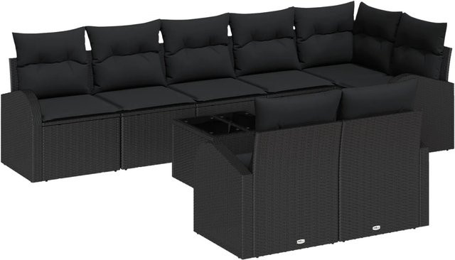 vidaXL Garten-Sofa-Set aus Polyrattan in Schwarz mit Kissen und Tisch, 9-teiliges Outdoor-Lounge-Set mit UV-beständigem Stoff und Metallrahmen - Bild 1
