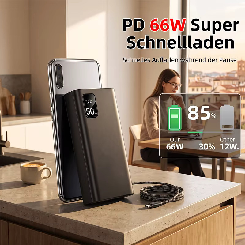 Hinne Hochleistungs-Powerbank mit 50000mAh und 66W Schnellladung, Tragbares Ladegerät mit LED-Digitalanzeige für iOS und Android, verfügbar in Schwarz oder Weiß - Bild 3