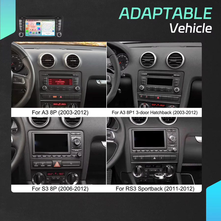 Podofo 7 Zoll 2 Din Autoradio Multimedia-Player mit Bluetooth und HD Kapazitivem Touchscreen für Audi A3 8P/A3 8P1 3-Türer Schrägheck, S3 8P/RS3 Sportback, Kabelloses Carplay, Android Auto und Mirror Link, Schwarz - Bild 2