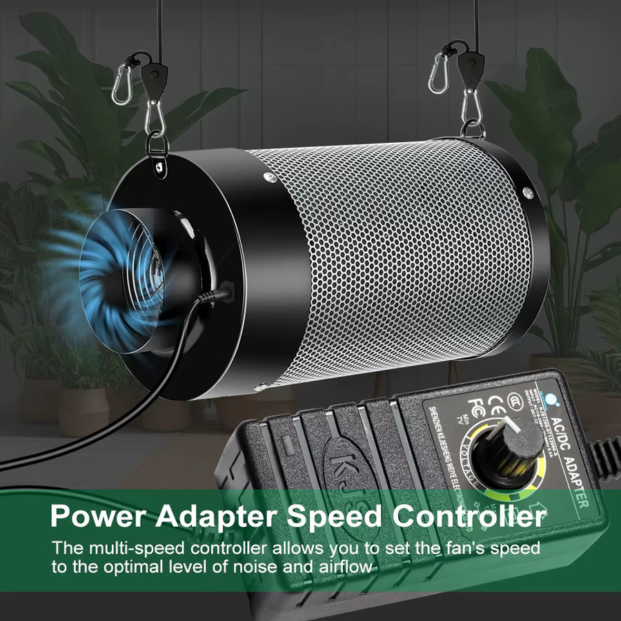 TRANYTON 2-in-1 Aktivkohle-Luftfilter-Set mit Geschwindigkeitsregelung für Indoor-Grow-Zelte und Hydroponik-Gewächshäuser, Schwarz, Metall - Bild 4