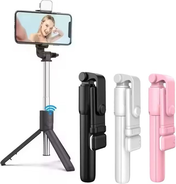 KAFNHCKA Tragbarer Bluetooth-Selfie-Stick mit Stativ, Fernauslöser und Aufhellungslicht, faltbarer Reise-Vlog-Halter in Schwarz oder Weiß - Bild 1