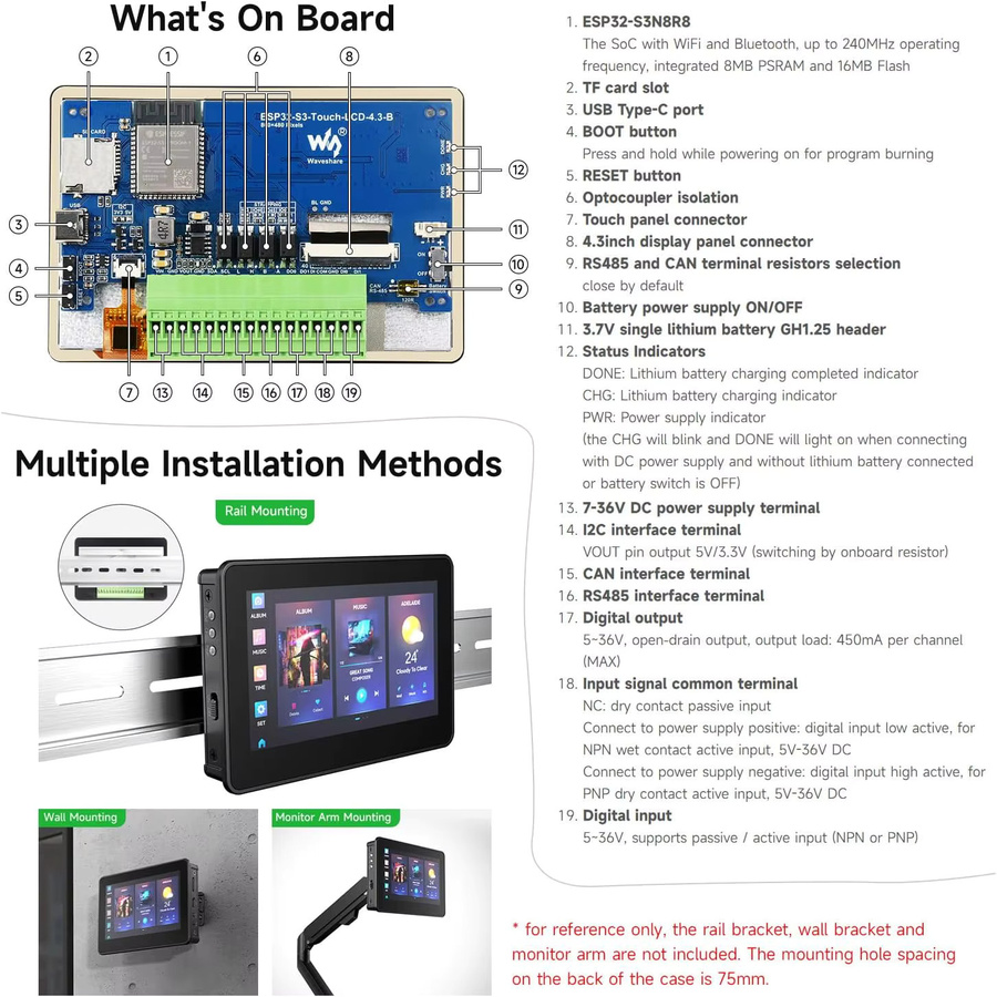 Waveshare ESP32-S3 Entwicklungsboard mit 4,3 Zoll IPS Touchscreen LCD Display in Schwarz, 800x480 Auflösung, LX7 Dual-Core-Prozessor für Arduino IDE - Bild 5