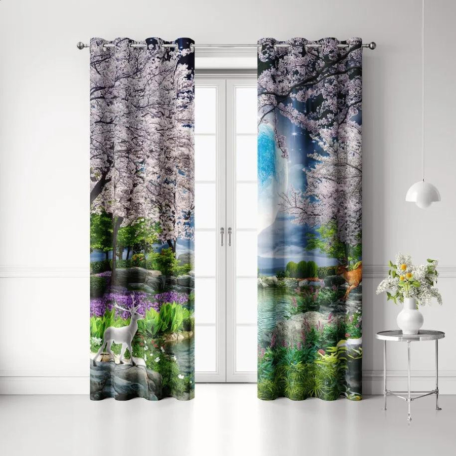 2er-Set Mond und Kirschbaum Vorhänge im Boho-Stil, halbtransparent, mehrfarbig, Breite: 60 cm, Höhe: 60 cm - Bild 2