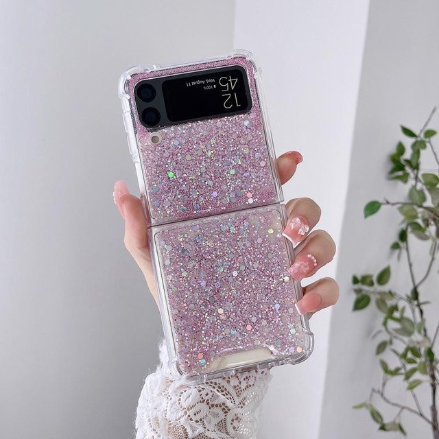 Jitschmni Fantasy Pailletten Schutzhülle für Samsung Galaxy Z Flip 6 5 4 3, Transparent Pink, Stoßfeste Klapphülle mit harter Rückseite - Bild 1