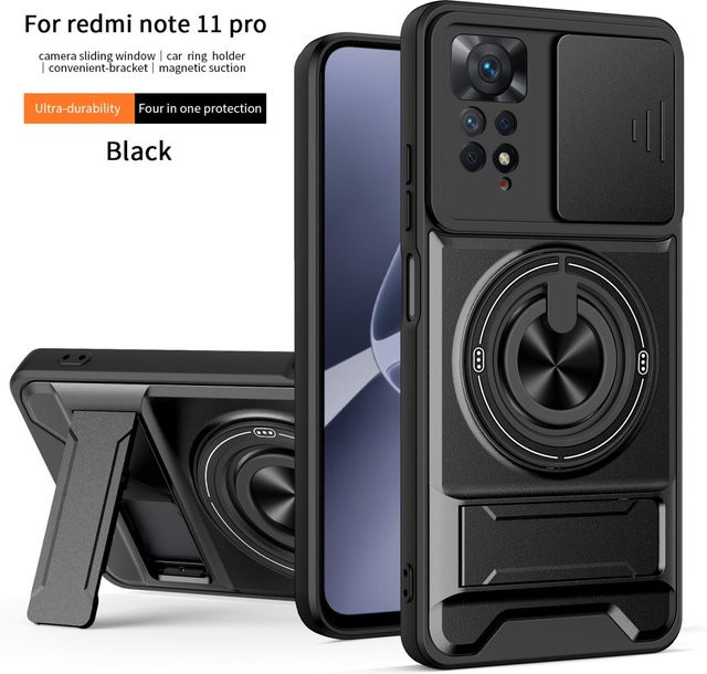 Stoßfeste Xiaomi Handyhülle für Redmi Note 11 und Redmi Note 12 Pro 4G/5G in Schwarz mit verschiebbarer Kamerakappe, Magnetring und Ständer - Bild 1