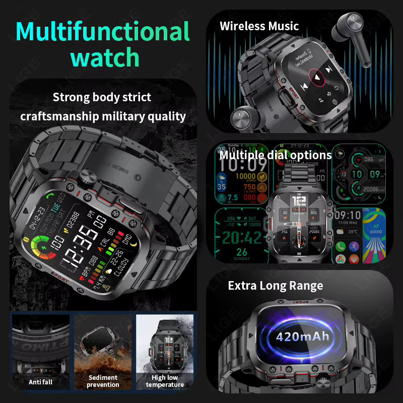 LIGE Militärische Smartwatch für Männer in Schwarz mit Bluetooth-Anruffunktion, 3ATM Wasserdichtigkeit und SpO2-Messung für Android - Bild 2