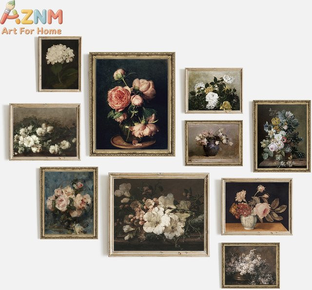 AZNM Vintage Dark Academia Blumen-Stilleben Leinwand-Wandkunst mit Pfingstrosen und Rosen in Mehrfarben - Bild 1