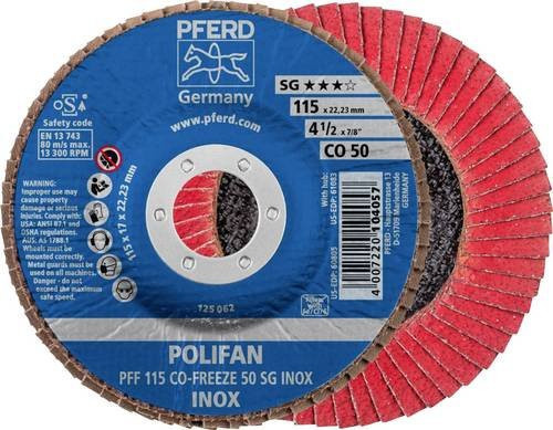 PFERD Polifan Fächerschleifscheibe CO-FREEZE 50 SG INOX für Edelstahl, Durchmesser: 115 mm, Bohrungs-Ø: 22,23 mm, Körnung: 50 - Bild 1