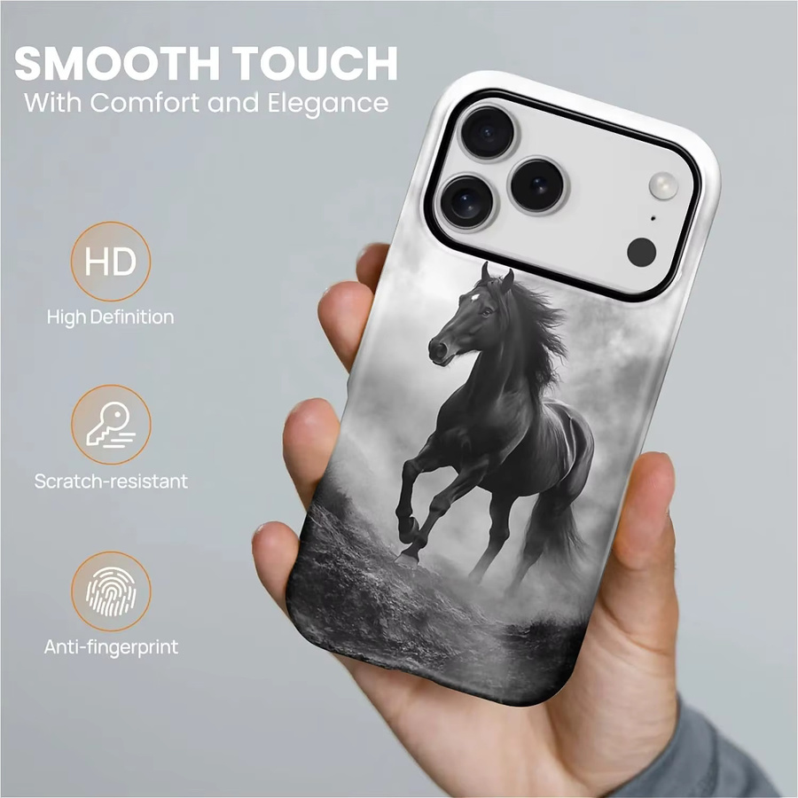 Mairuige Handyhülle Black Horse Running Misty Mountains Hybrid Dual-Layer Hard Shell stoßfest in Schwarz und Gold für iPhone 17 16 15 14 13 12 Pro Max Plus - Bild 4