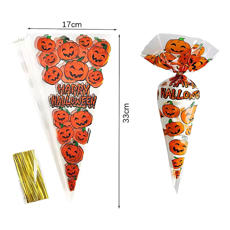 ZYF Halloween Süßigkeiten Taschen, 50 Stück transparente Kunststoff Beutel mit Kürbis-Print für Snack-Verpackungen und Party-Zubehör - Bild 4