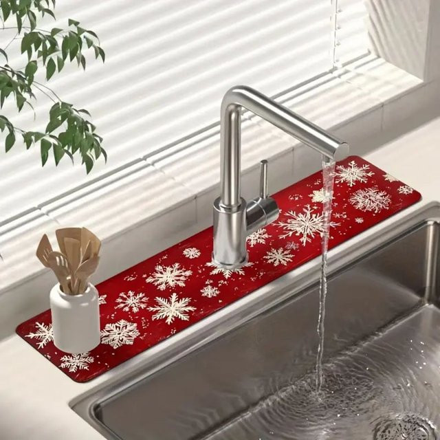 VIKAMA Weihnachts-Schneeflocken Waschbeckenmatte in Rot, wasserabsorbierende und schnell trocknende Küchenmatte zur Weihnachtsdekoration - Bild 1