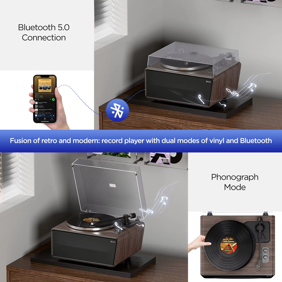 XJ-HOME XJ-H01 All-in-One-Schallplattenspieler mit Bluetooth und HiFi-Stereo-AT-3600L-Stylus in Braun - Bild 4
