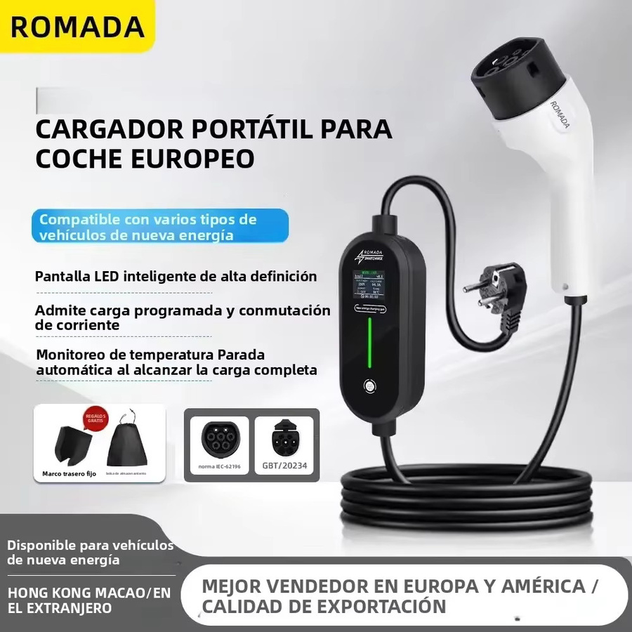 Romada Tragbares EV Ladegerät 3,5 kW 16A mit 10m Typ2 IEC62196 Kabel und EU Stecker in Schwarz - Bild 2
