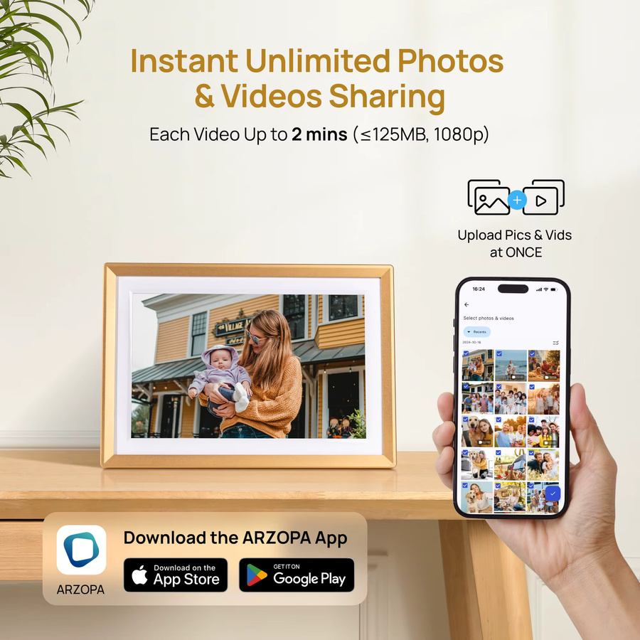 ARZOPA Digitaler Fotorahmen 10,1 Zoll mit WiFi und Touchscreen, 32 GB Speicher, IPS HD Display, Gold - Bild 6