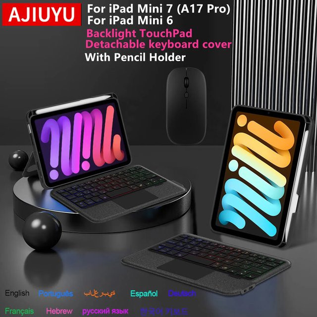 AJIUYU Touchpad-Tastatur Hülle für iPad Mini A17 Pro mit Stifthalter und beleuchteter Tastatur in Schwarz - Bild 1