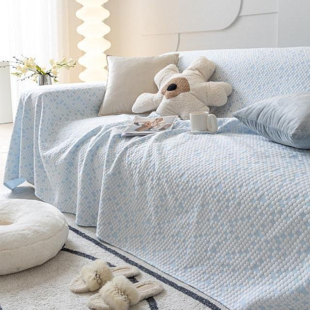 Rutschfeste L-Form Sofaabdeckung mit Armlehnenbezug in Blau, moderne Sofadecke aus Jacquard-Material für Ledercouches, B/T/H: 45 x 45 cm - Bild 1