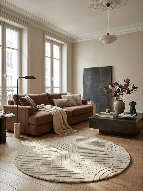 Wollteppich Kadima Design in Natur und Beige mit geometrischem Muster und High-Low-Effekt, rund, Durchmesser: 160 cm - Bild 1