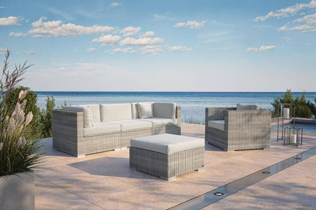 OUTFLEXX Gartenlounge für 4 Personen in Beige mit Polyrattan, 3-Sitzer Sofa, Sesseln, Hocker und integrierter Kissenbox - Bild 1